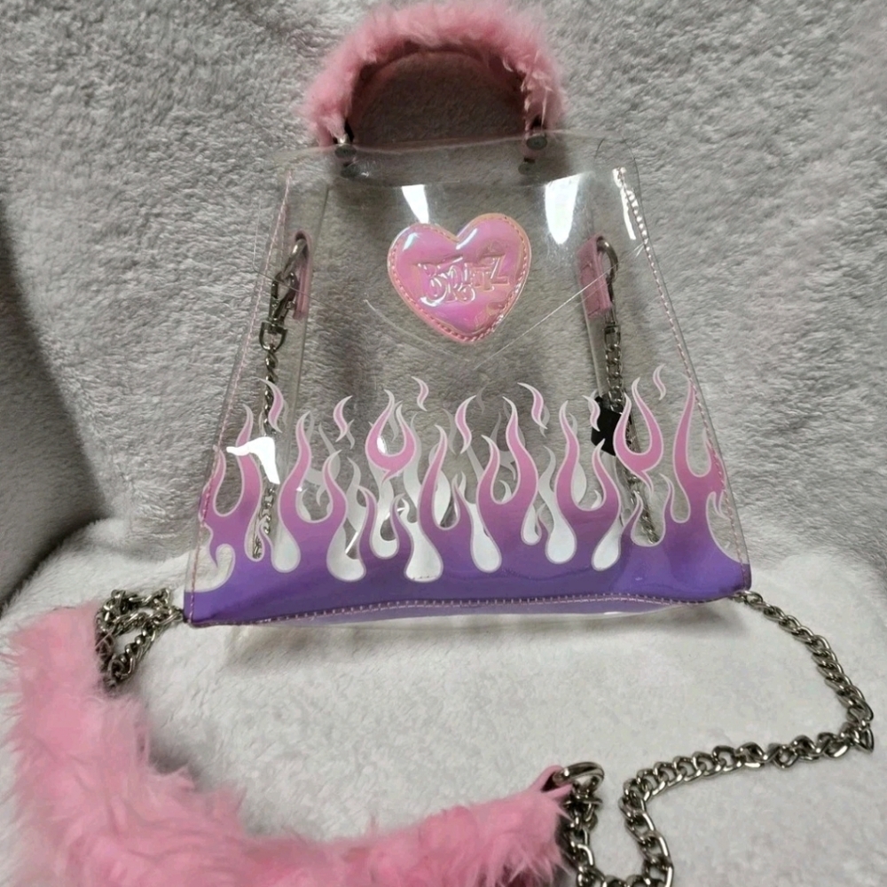 Dolls Kill X Bratz Clear Flames Crossbody Bag Chain Strap Pink Fuzzy Handles